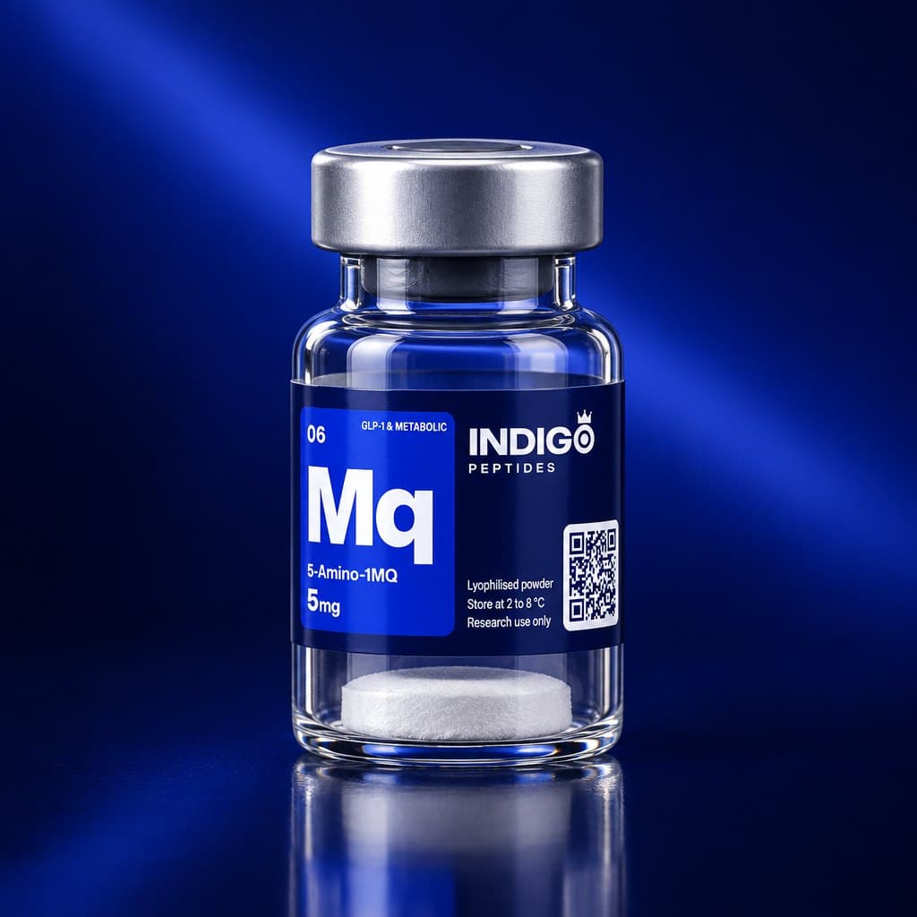 5-Amino-1MQ 5 mg vial with the Indigo Peptides label