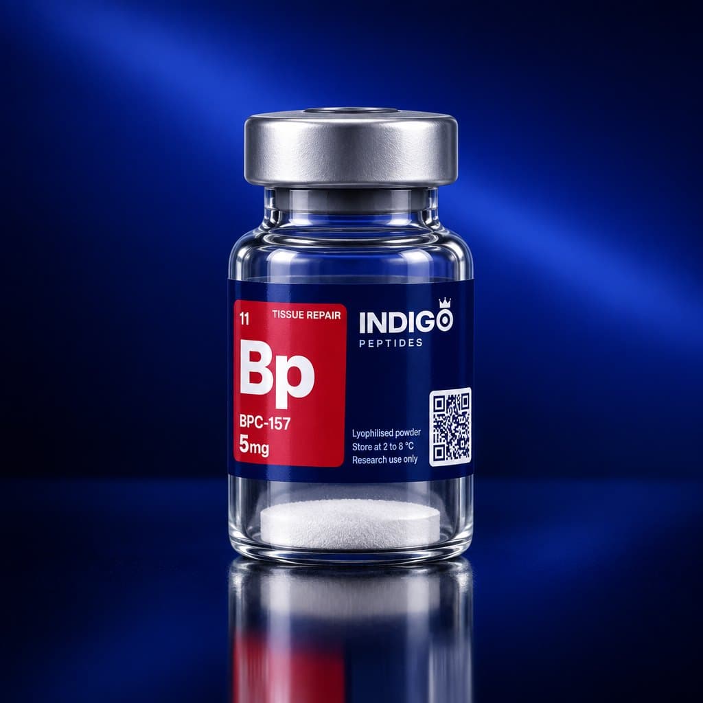 BPC-157 5 mg vial with the Indigo Peptides label