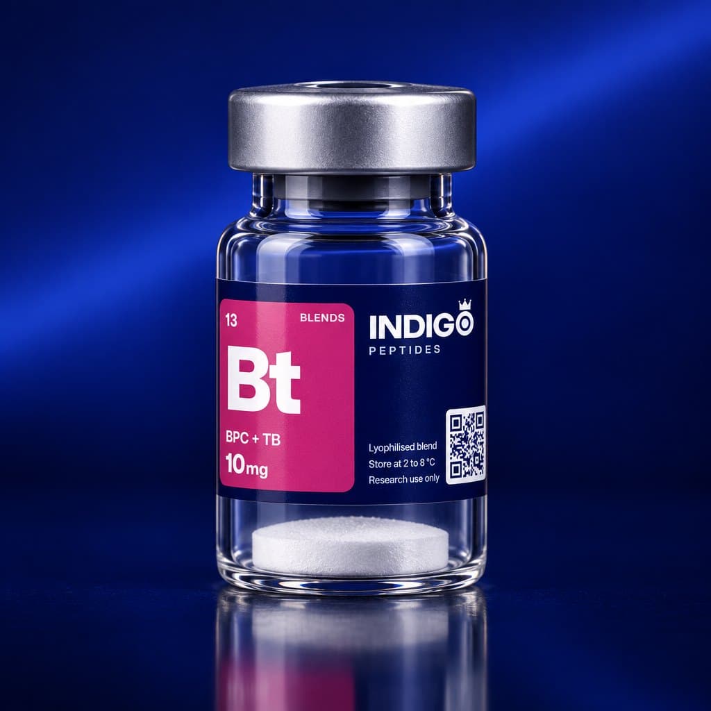 BPC-157 + TB-500 10 mg vial with the Indigo Peptides label