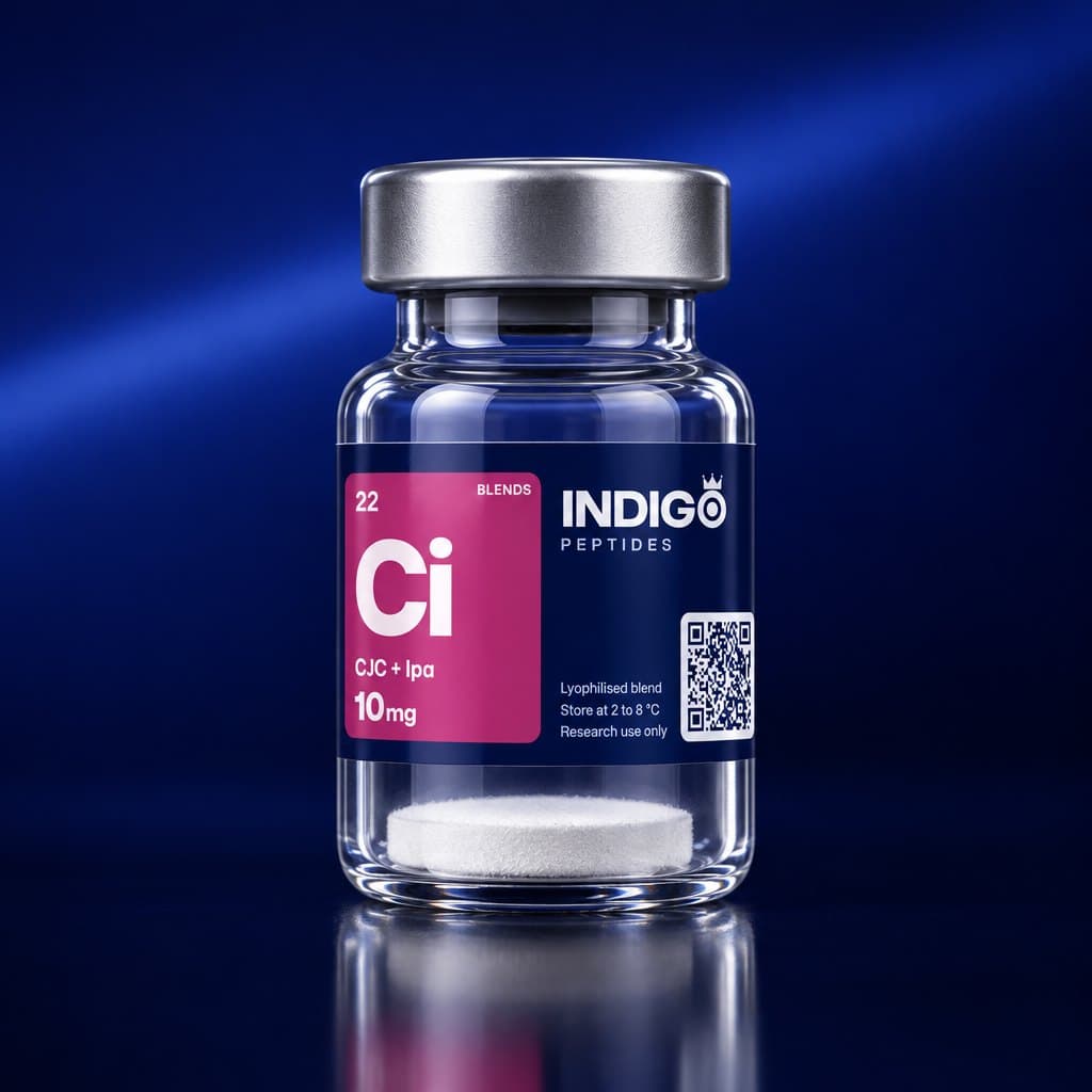 CJC-1295 + Ipamorelin 10 mg vial with the Indigo Peptides label