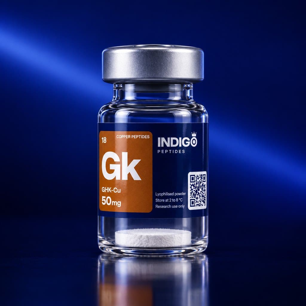 GHK-Cu 50 mg vial with the Indigo Peptides label