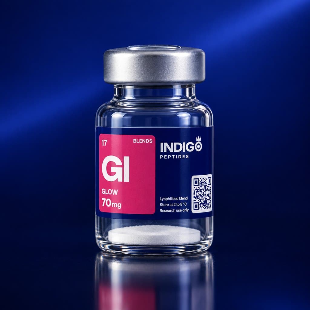 GLOW 70 mg vial with the Indigo Peptides label