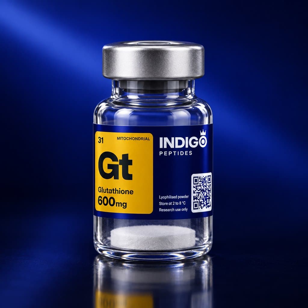 Glutathione 600 mg vial with the Indigo Peptides label