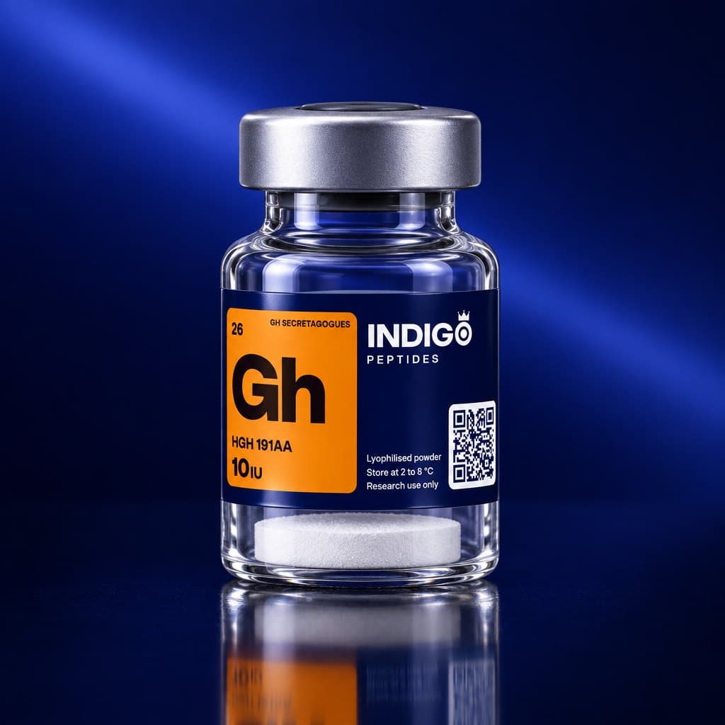HGH 191AA 10 IU vial with the Indigo Peptides label