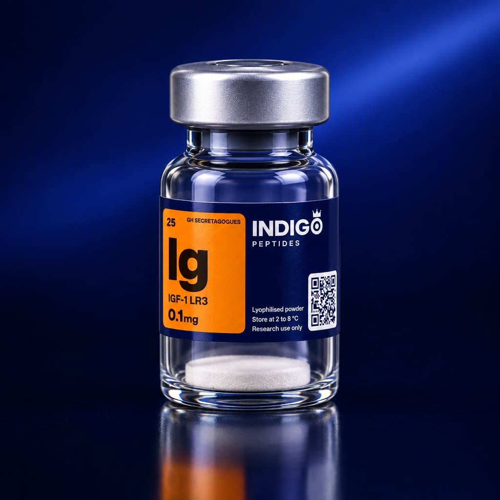 IGF-1 LR3 0.1 mg vial with the Indigo Peptides label