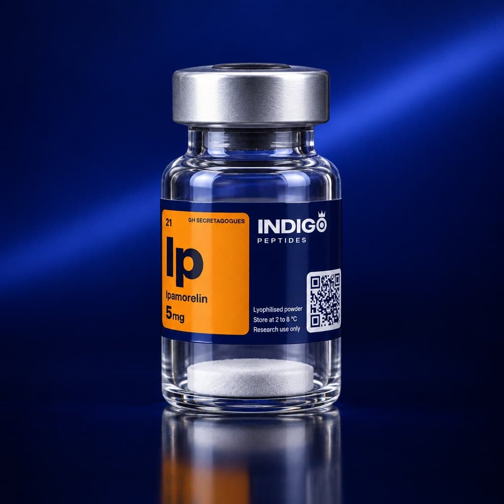 Ipamorelin 5 mg vial with the Indigo Peptides label