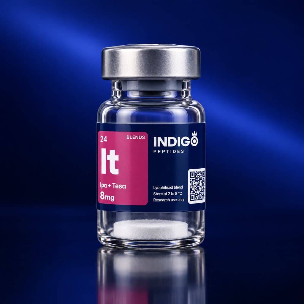 Ipamorelin + Tesamorelin 8 mg vial with the Indigo Peptides label