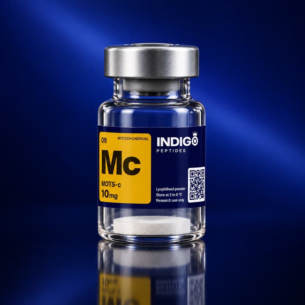 MOTS-c 10 mg vial with the Indigo Peptides label