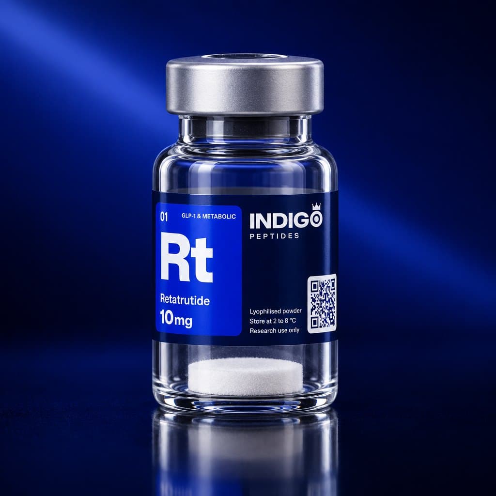Retatrutide 10 mg vial with the Indigo Peptides label