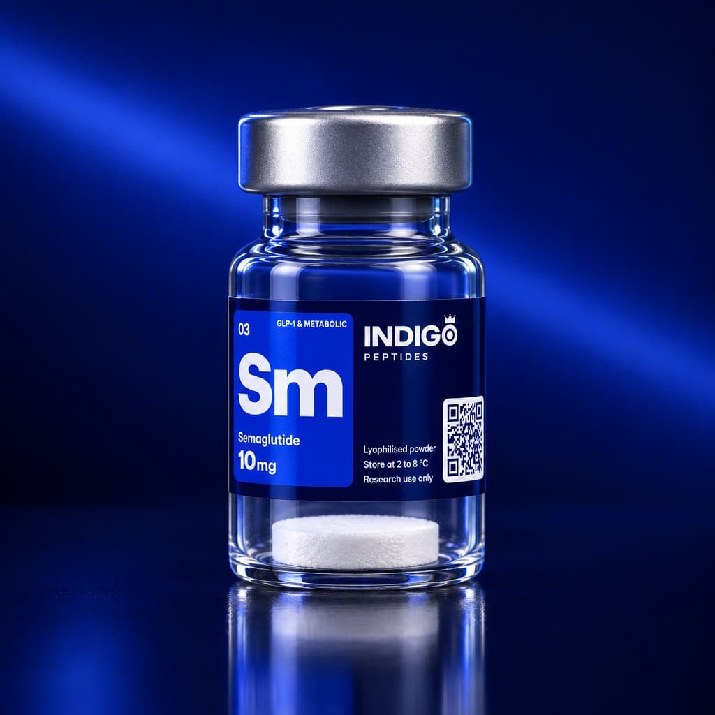 Semaglutide 10 mg vial with the Indigo Peptides label