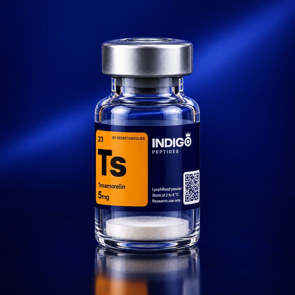 Tesamorelin 5 mg vial with the Indigo Peptides label