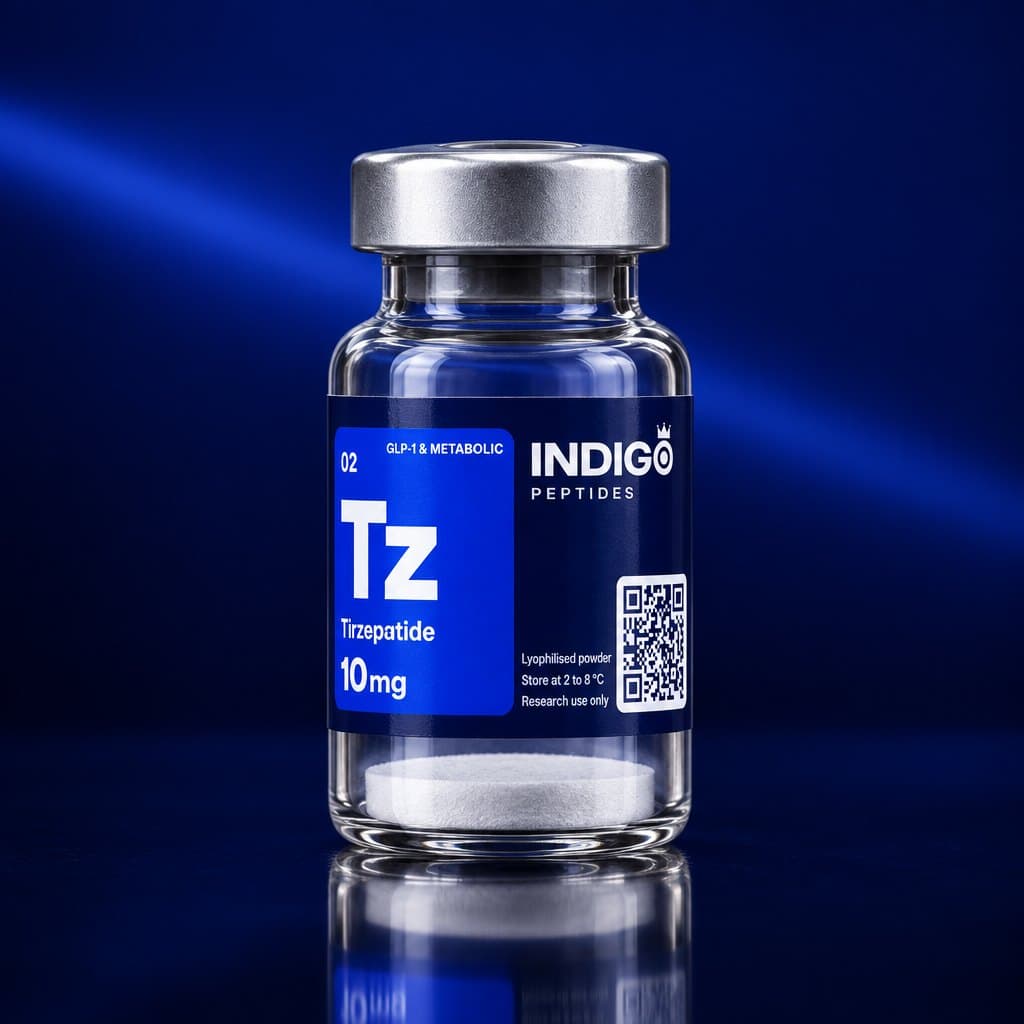 Tirzepatide 10 mg vial with the Indigo Peptides label